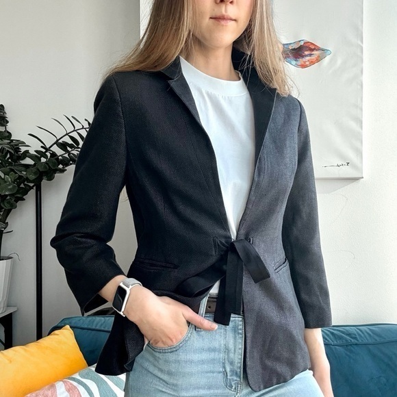 💥SALE💥Ted Baker Linen Blend Black V-neck 3/4 Sleeve Blazer Sz 2 US S (6) - Picture 1 of 14
